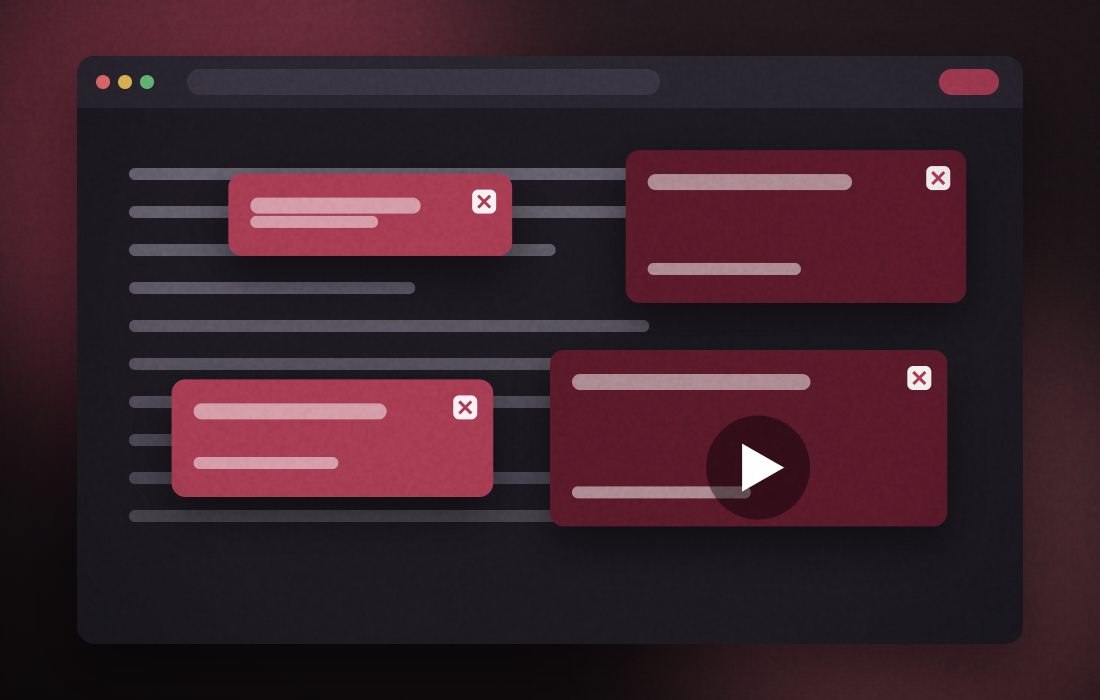 A page covered by overlapping adverts, close buttons and an autoplaying video panel