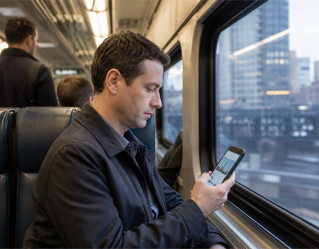 A commuter reading an article on a phone during a morning train ride